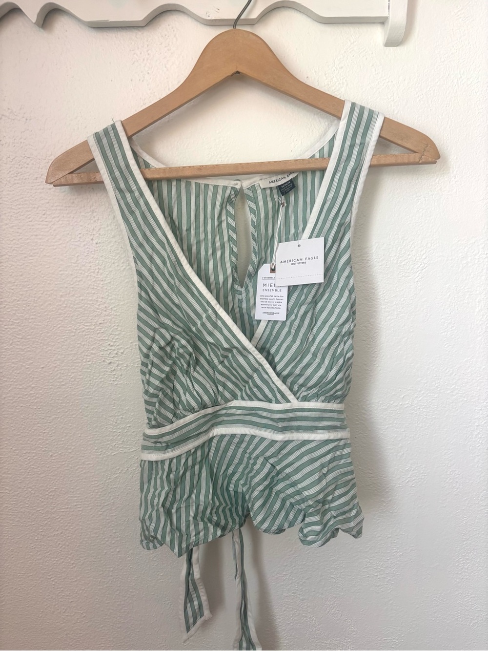 American Eagle Coastal Boho Tie Back top  Medium Green Stripe Cottagecore Summer